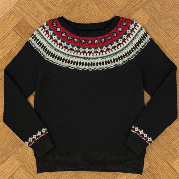 Talbots Fair Isle Sweater Black Red White Lambswool Pullover Women’s Large L - Picture 4 of 9